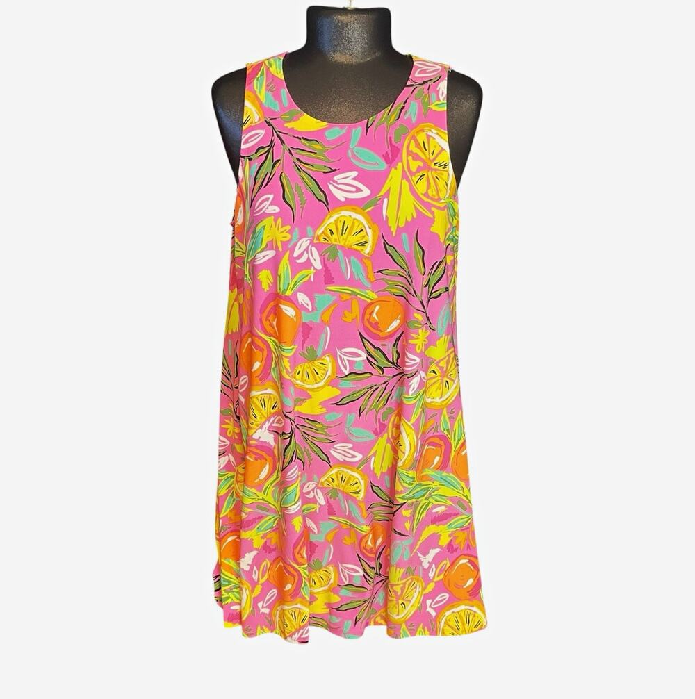 Pappagallo Resort Pink Tropical Citrus Print A-Line Sleeveless Dress Lined S